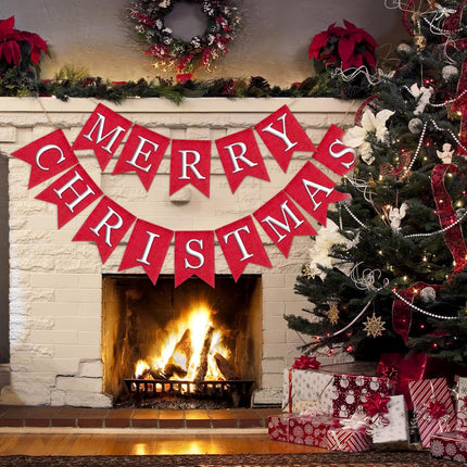 Whaline 2Pcs Christmas Burlap Banner Felt Merry Christmas Banner Red White Xmas Bunting Garland Pre-Assembled Celebration Hanging Decorations for Home Party Decoration