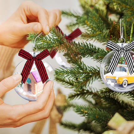 Christmas Ornaments Plastic Discs Ornaments Clear fillable Ornaments Balls with Silver Cap and Black White Red Buffalo Plaid Bows for Craft DIY Christmas Tree Wreath Decoration (32 Pcs, 3.15 Inch)