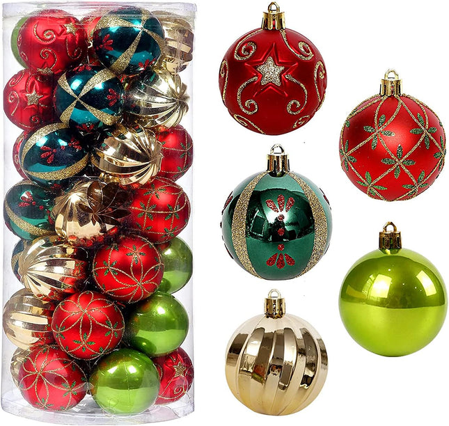 Christmas Ornaments Tree Decorations, 30ct Christmas Ball Decoration Set 2.36" Red Green and Gold Shatterproof Hanging Christmas Ornaments for Xmas Trees Decor Christmas Holiday Party