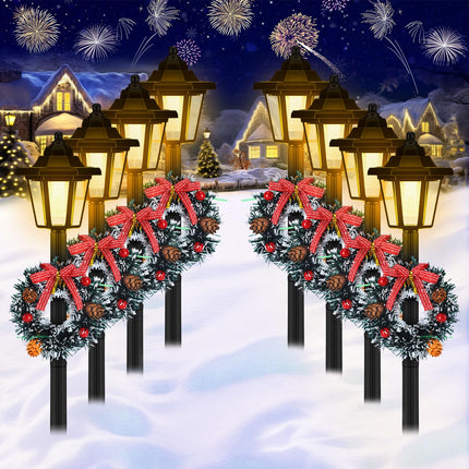 VIHOSE 4 Pcs 21.3 Inch Christmas Solar Pathway Lights Outdoor Waterproof Solar Christmas Street Lights with Ribbon Accessories Solar Outdoor Lights for Yard Pathway Walkway Holiday Decor(Wreath)