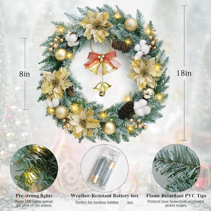 Veryhome Christmas Wreath Lights Winter Wreath, Christmas Wreaths for Front Door, Xmas Wreath with Pinecones and Gold Accents with LED Lights - Perfect for Fireplace Indoor Outdoor Holiday Decor