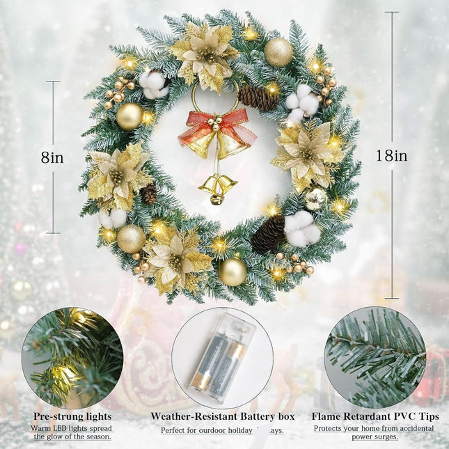 Veryhome Christmas Wreath Lights Winter Wreath, Christmas Wreaths for Front Door, Xmas Wreath with Pinecones and Gold Accents with LED Lights - Perfect for Fireplace Indoor Outdoor Holiday Decor
