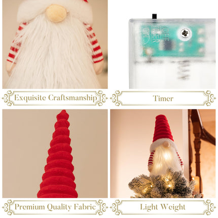 Valery Madelyn Lighted Christmas Tree Topper Gnome with Timer, 16.5 Red and White Fabric Cute Santa Gnome Tree Topper with LED Lights for Party Ornaments Christmas Decoration Indoor, Battery Operated