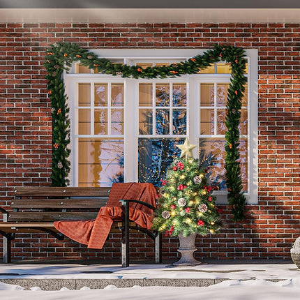 33 inch Christmas Trees with LED Lights 2 Pack, Outdoor Prelit Christmas Trees, Small Artificial Christmas Tree with Ornaments for Porch, Driveway, Yard, Garden
