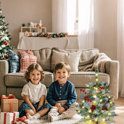 Small Christmas Tree, 22 Inches Artificial Tabletop Christmas Tree with 50 Lights,Snow Flocked Mini Xmas Tree with Pinecones Berries Wood Base for Christmas Decorations Indoor Home Decor
