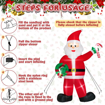12FT Christmas Inflatables, Giant Inflatable Santa Claus Holding Candy Cane, LED Lighted Blow Up Christmas Santa Claus, Inflatable Santa Claus Outdoor Decorations for Party Holiday Lawn Yard