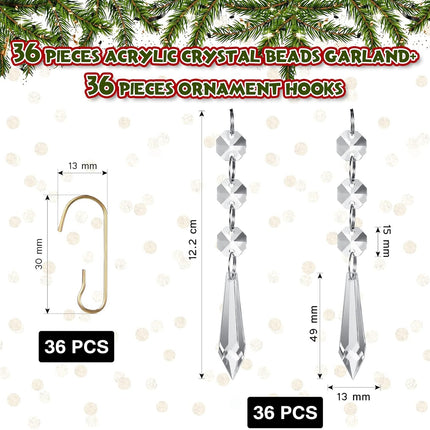 Jetec 36 Pcs Crystal Christmas Tree Ornaments Clear Glass Hanging Ornaments for Centerpieces Icicle Prisms Crystal Chandelier Bead Garland Crystal Ornament for Xmas Tree Window Home Decoration