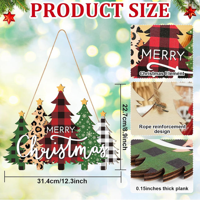 Wooden Christmas Tree Door Wreath for Front Door Sign Wall Signs Christmas Decoration, Merry Christmas Sign Black White Buffalo Plaid Welcome Hanging for Home Wall Decor Xmas Party Outdoor indoor Supply