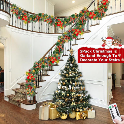 2 Pack 9 Ft Each Thicker Prelit Christmas Garland 8 Modes Timer 5 Poinsettia 4 Balls 300 Tips 198 Red Berry 4 Bow 18 Pine Cone Cedar Garland Xmas Decorations Home Indoor Outdoor, Total 18 Ft 100 LED