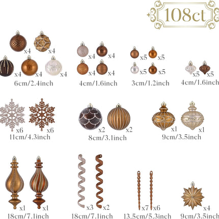 Valery Madelyn Christmas Ornaments Set, 108ct Bronze Copper and Gold Shatterproof Fall Christmas Tree Decorations Ball Ornaments Bulk, Luxury Brown Hanging Ornaments for Xmas Trees Holiday Decor