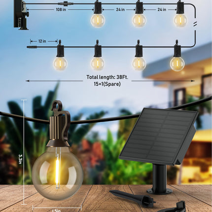 Minetom Solar Outdoor Lights - 38 Ft Solar String Lights with 15 G40 Shatterproof LED Bulbs, Commercial Waterproof Solar Powered Patio Hanging Lights for Outside Backyard Garden Decor