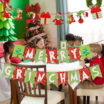 Red Green Merry Grinchmas Banner and Grinches Garland, Grinches Christmas Decorations,Grinchmas Christmas Decorations Supplies, Grinches Christmas Decor for Xmas Home Fireplace Mantle