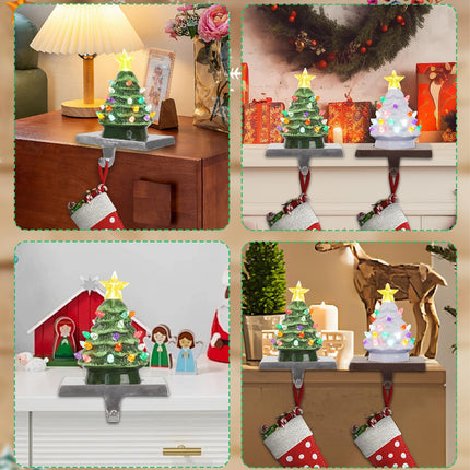 Christmas Ceramic Tree Stocking Holders with LED Lights - 4 Pack Green and White Christmas Tree Stocking Hangers for Mantle, Fireplace, Window Decoration