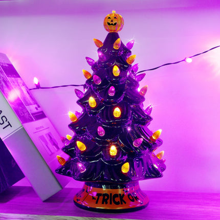 Blissun 12" Halloween Decorations Ceramic Tree, Hand-Painted Black Christmas Tree, Battery Powered Tabletop Halloween Lighted Ceramic Tree for Indoor Office Home Halloween Decorations