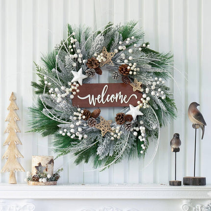 Winter Wreaths for Front Door 24 Inch Outdoor Christmas Snow Covered Wreath Artificial Flocked Spruce Wreath with Pinecones,White Berries,Green Evergreen Xmas Holiday Welcome Wreath Decor