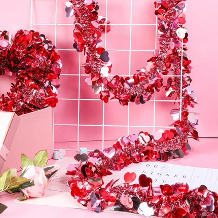 Valentines Shiny Heart Tinsel Garland 6.56 Feet Each Metallic Tinsel Twist Garland for Christmas Tree Ornaments Wreath Wedding Party Hanging Decoration(Rosy, Red, White,8 Pieces)