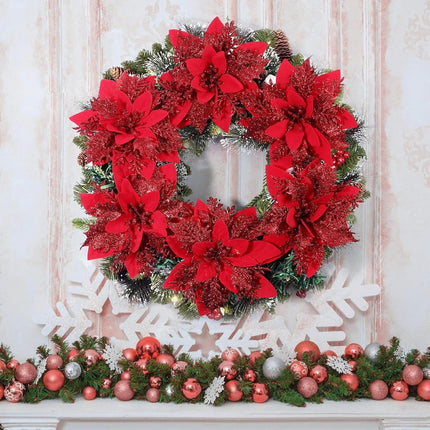 15 PCS Poinsettia Flowers Artificial Poinsettia,Christmas Decorations Poinsettias Artificial Christmas Flowers,Christmas Tree Flower Decorations with Stems DIY Xmas Wreath Year Party Ornament