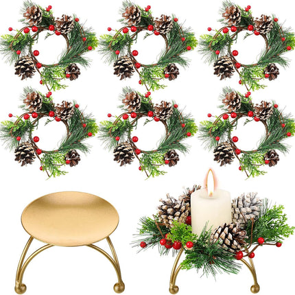 12 Pieces Christmas Wreath Candle Holder Include 6 Pcs Votive Candle Berry Ring with Pinecones and 6 Pcs Metal Candle Holders for Christmas Party Decoration