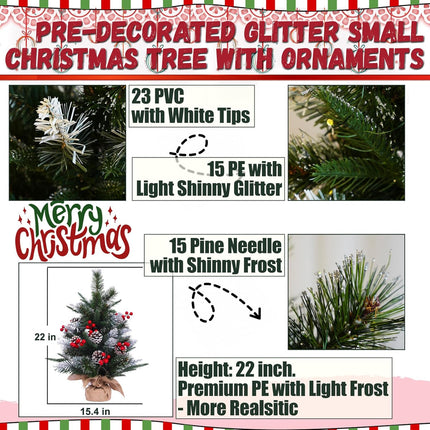 Small Christmas Tree with Lights 2 ft Tabletop Christmas Tree with 45 Warm White Lights (8 Modes), 6 Pinecones & Berries Set, 53 Tips (Thin Silver Glitter) Fluffy and Realistic Add Holiday Touch