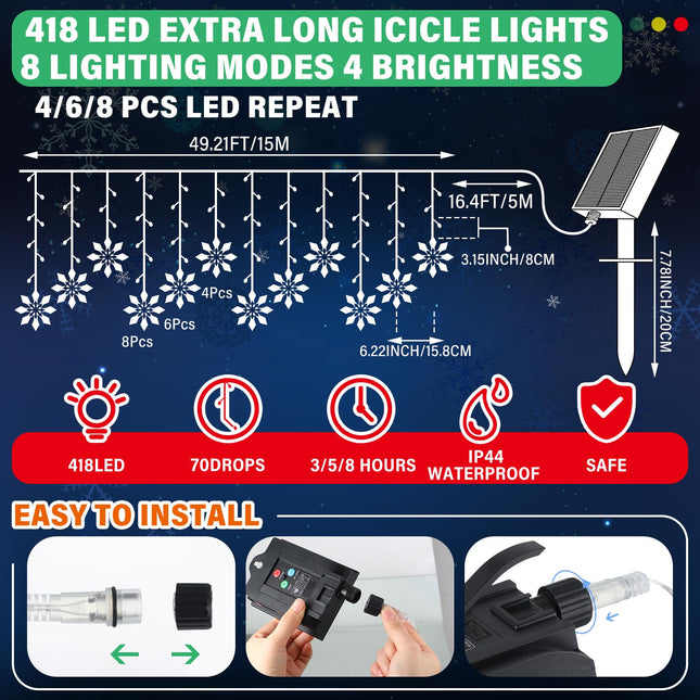 Retisee Christmas Snowflake Icicle Lights 418 LEDs 49 ft Outdoor 8 Modes Color Changing Solar Clear Dripping Lights Connectable String Curtain Lights for Window Decorations, Warm White to Multicolor