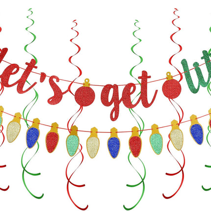 Red and Green Glitter Let's Get Lit Banner and Glitter Christmas Garland Decor- Christmas Holiday Party Decorations, Years Eve Party Decor,Grinch Christmas Decorations,Ugly Christmas Sweater Party