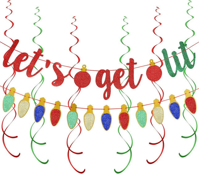 Red and Green Glitter Let's Get Lit Banner and Glitter Christmas Garland Decor- Christmas Holiday Party Decorations, Years Eve Party Decor,Grinch Christmas Decorations,Ugly Christmas Sweater Party