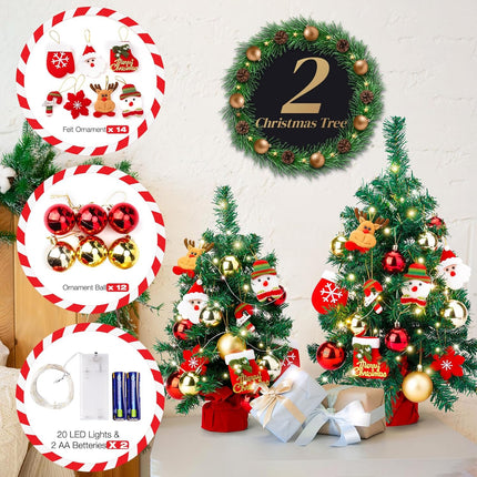 Mini Christmas Tree Set of 2, Tabletop Artificial Christmas Tree with Lights, Felt Ornaments, Ornament Balls, Desk Small Xmas Tree for Christmas Decorations, Including 4xAA Batteries