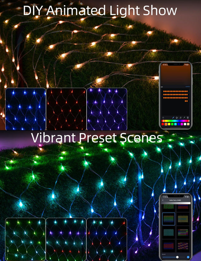 Smart Net Lights for Bushes 150LED 6ft x 4ft, DIY Lightshow RGB Halloween Mesh Lights, Connectable Waterproof with Timer Bluetooth Christmas Net Lights for Bushes Outdoor Yard Shrub Tree Decoration