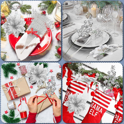 Ceenna 110 Pack Christmas Tree Ornament Set 40 Christmas Berry Picks 30 Artificial Poinsettias Flower with 30 Clips 10 Christmas Glitter Berries Stems for Christmas Tree Wreath DIY Craft (Silver)