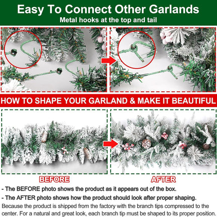 9FT Prelit Christmas Garland with 100 Lights for Mantle - Flocked Christmas Garland with Norfolk Pine Branches Cedar Pine Cone Berry Garland with Battery Operated Lights Outdoor Christmas Decorations