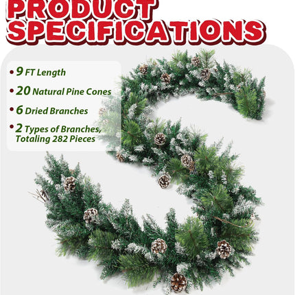 9 FT Christmas Garland with 100 LED Lights Dense-Style, Battery Operated Pre-Lit Garland with Pine Cones and Snow, 8 Lighting Modes with Timer, Christmas Decor for Mantle, Fireplace