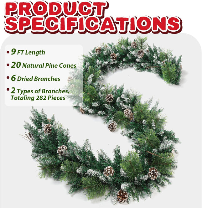 9 FT Christmas Garland with 100 LED Lights Dense-Style, Battery Operated Pre-Lit Garland with Pine Cones and Snow, 8 Lighting Modes with Timer, Christmas Decor for Mantle, Fireplace