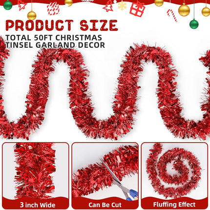 50FT Red Christmas Tinsel Garland, Metallic Twist Shiny Hanging Garland Ornaments for Xmas Tree Party Supplies Thick Thin Metallic Streamers for Indoor Outdoor Decor