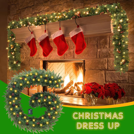 9 FT Christmas Garland with Lights,Christmas Decorations Garland Mixed Pinecones, with Timer, Battery Operated,Christmas Decor Garland for Stairs Indoor Mantle Door Wall Outdoor (Green+Brown)