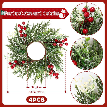 SOMGTING Christmas Candle Rings Wreaths Christmas Kitchen Cabinet Wreaths Mini Xmas Wreaths Table Centerpieces Candle Rings for Pillars Christmas Front Door Window Chair Decorations (4PCS)