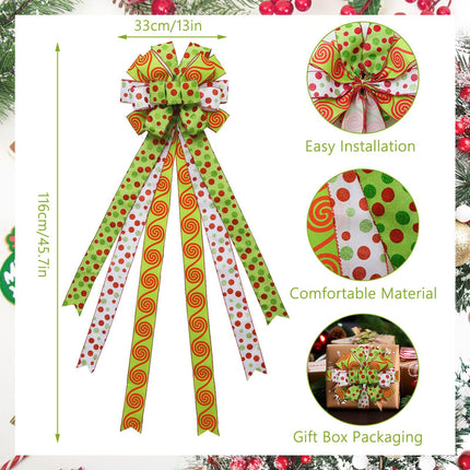 Christmas Tree Topper Wreath Bow Handmade Large Green Christmas Bow Tree Topper, 44"x13" Red Green Dot Bow for Xmas Ornament Holiday Home Decor