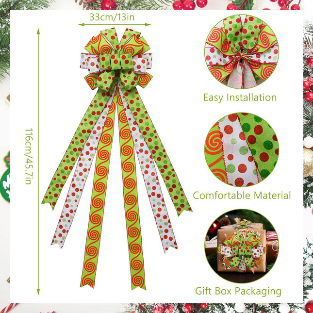 Christmas Tree Topper Wreath Bow Handmade Large Green Christmas Bow Tree Topper, 44"x13" Red Green Dot Bow for Xmas Ornament Holiday Home Decor