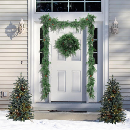 8.8FT Pre-lit Artificial Christmas Garland with Pine Cones, Real Touch Cedar Garland Artificial Pine Cypress Vines,Greenery Garland for Xmas Table Mantle Room Indoor Background Wall Decoration