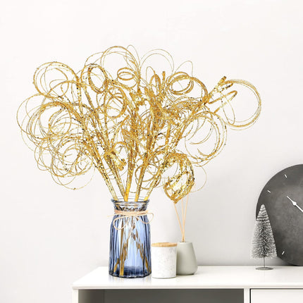 Glitter Curly Christmas Spray Wispy Christmas Picks Artificial Curly Twigs Christmas Branches for Vases Glitter Branches for Christmas Tree Vases Wreath Garland Banquet Decoration, 5 Pieces (Gold)