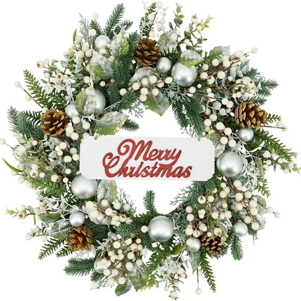 YNYLCHMX 20 Inch Christmas Wreath for Front Door, Winter Wreath with Welcome Sign Pine Needle Pine Cone Berry Artificial Door Xmas Wreaths for Window Wall Fireplace Farmhouse Holiday Party Decoration
