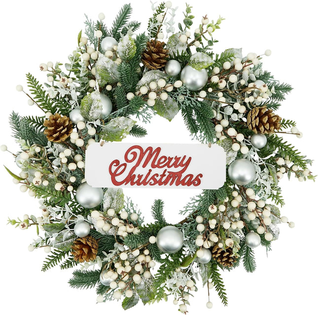 YNYLCHMX 20 Inch Christmas Wreath for Front Door, Winter Wreath with Welcome Sign Pine Needle Pine Cone Berry Artificial Door Xmas Wreaths for Window Wall Fireplace Farmhouse Holiday Party Decoration