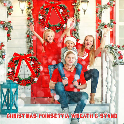 Crowye 4 Pcs Christmas Memorial Cemetery Wreath Set Includes 2 Pcs 20in Christmas Wreath 2 Pcs 30in Easel Stand Holiday Outside Yard Wreath Decoration for Outdoor Gravestone Headstone(Poinsettia)