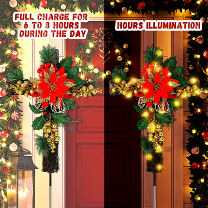Ganeen 2 Pcs Solar Stake Christmas Outdoor Decorations Christmas Yard Stake Decor LED Lights Cemetery Grave Cross Stake Christmas Poinsettia Decor for Holiday Garden Pathway Lights (Poinsettia)