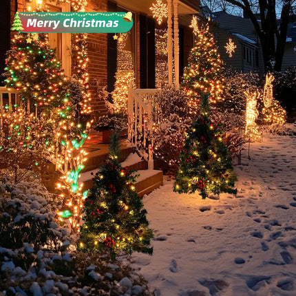 2 Pack 30 Inch Pre-Lit Pathway Christmas Trees, Artificial Christmas Tree Decorations with 50 LED Lights for Porch, Driveway, Yard, Garden, Battery Operated Holiday Decor with Red Berries, Pine Cones