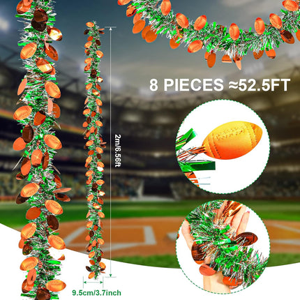 52.5 Feet Football Tinsel Garland 8 Pieces Green Tinsel Garland Superbowl Party Decorations Shiny Twist Garland Shiny Decoration for Boys Football Birthday Party Wreath Hanging Decor