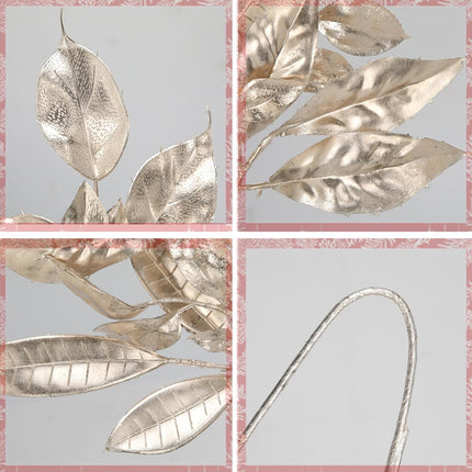 5 Pcs Fake Leaves Plants for Christmas Decor 20 Inch Metallic Gold Artificial Magnolia and Bay Leaves Faux Tropical Leaves with Stems for Holiday Decor Christmas Mantle Garland Wreath - Champagne