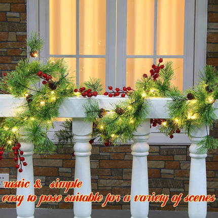 Retisee 4 Pcs 26.24 ft Christmas Garland with Lights Christmas Smokey Pine Garland with Remote Control, 120 LED Lights 8 Mode, Red Berry Garland for Indoor Outdoor Fireplace Mantel Stairs Decorations