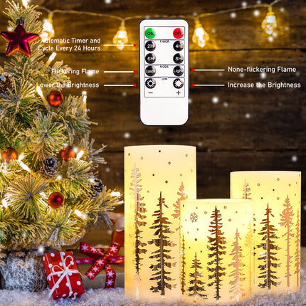 Christmas LED Flameless Candles Battery Operated, Hot Stamping Silver Xmas Tree LED Flickering Candles with Remote and Timer, Holiday Decorative LED Pillar for Xmas, Party, Bedroom