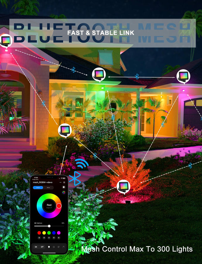 Led Flood Light 400W Equiv, 40W RGBW Smart Color Changing Landscape Light Bluetooth Mesh APP Control, 2700K Floor Uplighting IP66 Outdoor Halloween Uplights, DIY Scenes&Color, Music Sync
