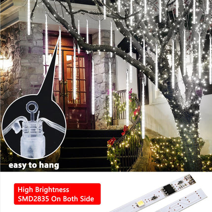 Cool White 20 Tubes Meteor Shower Icicle Lights 480 LED Raindrop Lights with Timer Function Cascading Lights Falling Rain Lights for Holiday Party Christmas Decorations